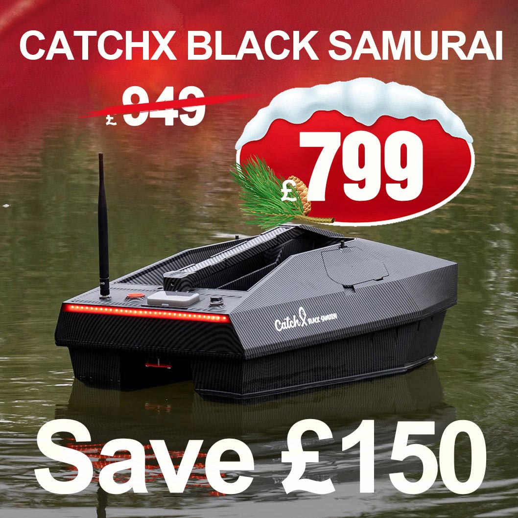 CatchX Black Samurai GPS Bait Boat with LED lights and 3kg capacity, now £799 - Save £150 from original price £949, shown on water