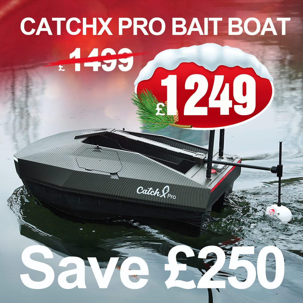 CatchX Pro carbon fiber bait boat with GPS and fish finder on water, showing Christmas sale discount from £1499 to £1249, saving £250