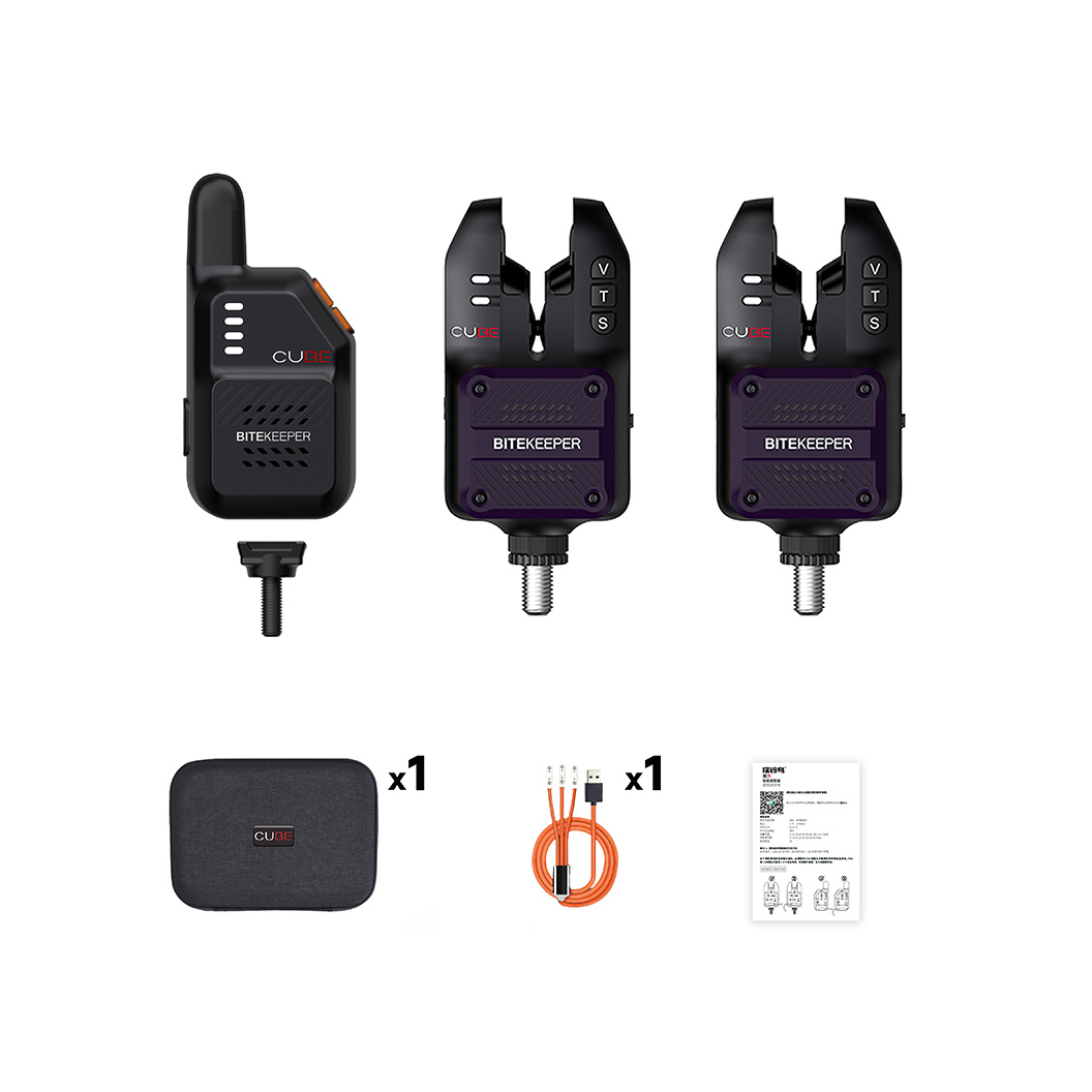 BITEKEEPER Cube Smart Perfect Bite Alarm Set showing 2+1 bite alarms with receiver set, carrying case, USB cable, and instruction manual