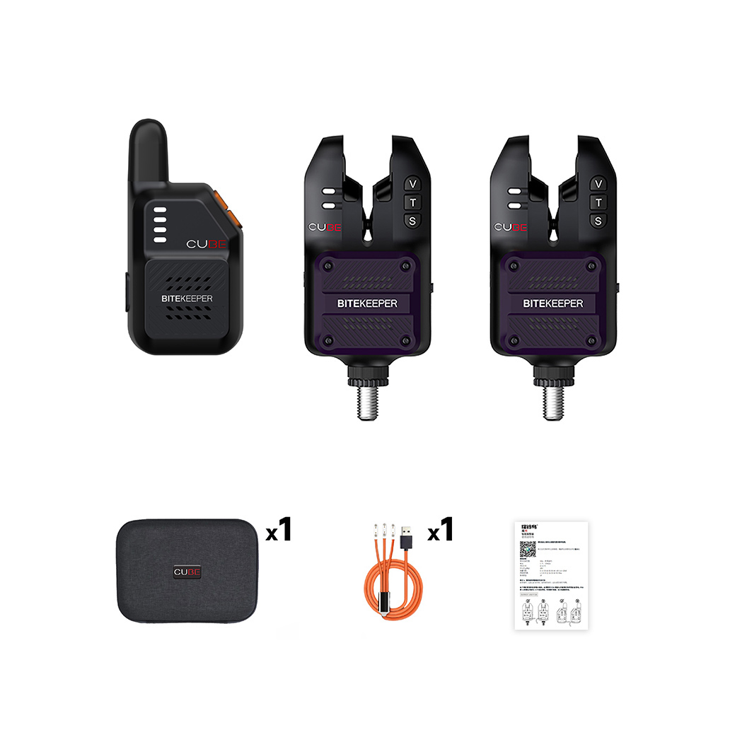 BITEKEEPER Cube Smart Perfect Bite Alarm Set showing 2+1 bite alarms with receiver set, carrying case, USB cable, and instruction manual