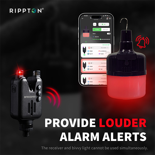 Rippton bite alarm system with bivvy light and smartphone app for low light conditions night carp fishing lights alerts