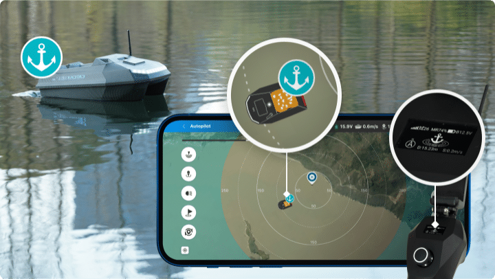 Režim elektronického kotvenia GPS na návnadovej lodi