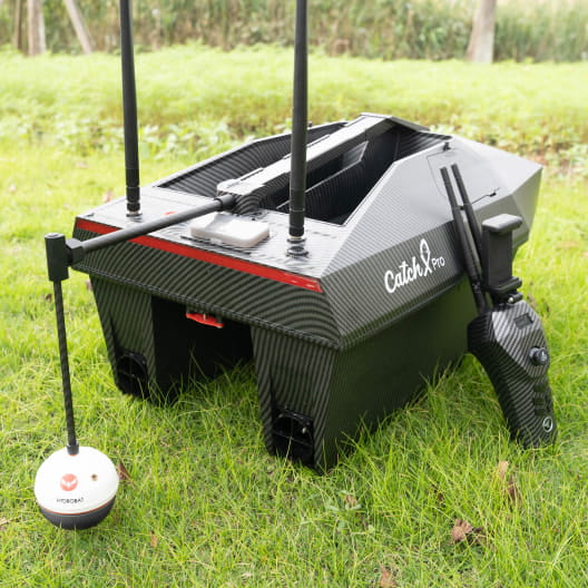 Advanced GPS bait boat with dual antennas, carbon fiber design, featuring fish finder and remote control capabilities for carp fishing