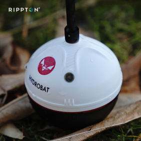 Hydrobat paired with Rippton mobile app displaying fish location and size. boat fish finder