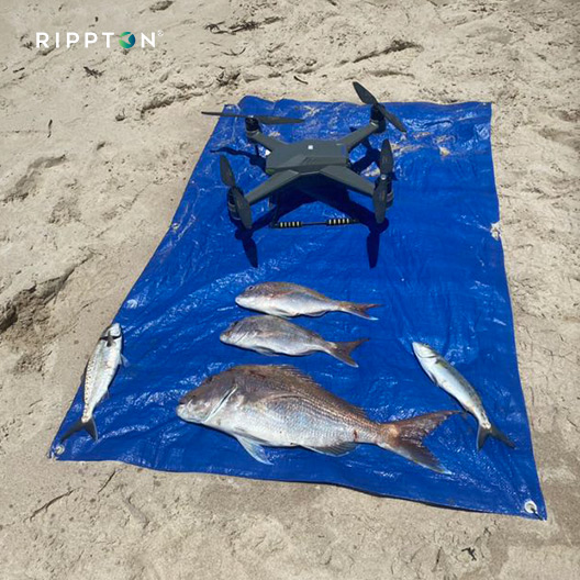 SharkX drone fishing with bait release on beach next to fresh catch, showcasing waterproof and best professional drone capabilities